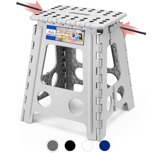 ACKO Folding Step Stool 16 Inch, 400 lbs Capacity with Safety Lock, Gray | Portable Foldable Stools with Handle, Heavy Duty Collapsible Non-Slip Foot Stool for Adults & Kids, Kitchen Bathroom Outdoor - color: Gray, size: 16 Inch