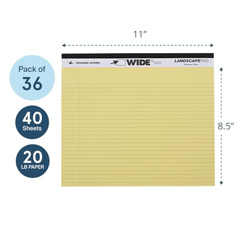 ROARING SPRING Wide Landscape Legal Pad, Canary Yellow, 36 Pads, 11" x 9.5", College-Ruled with Margin, 20 lb Recycled Paper, 40 Perforated Sheets, Made in USA - color: Canary, style: 36 Pads