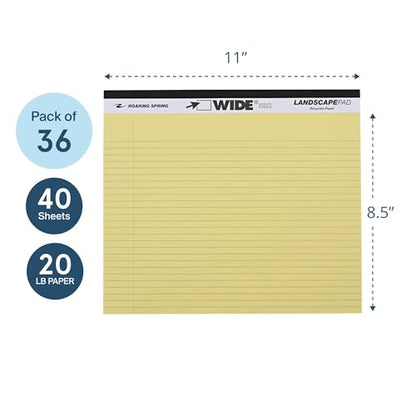 ROARING SPRING Wide Landscape Legal Pad, Canary Yellow, 36 Pads, 11" x 9.5", College-Ruled with Margin, 20 lb Recycled Paper, 40 Perforated Sheets, Made in USA - color: Canary, style: 36 Pads