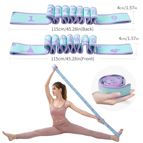 2 Pack 9-Loop Stretch Strap with Pose Guide Pattern, Elastic Yoga Band for Dance, Pilates, Gymnastics, Flexibility Exercise, Kids Workout Training, Youth Ballet Belt - color: Blue+Pink