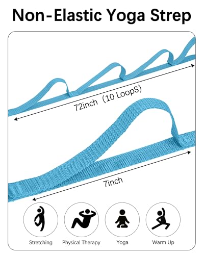 10 Loop Yoga Stretching Strap for Physical Therapy - Non-Elastic Exercise Band for Pilates, Yoga, Stretching for Women & Men - color: Light Blue