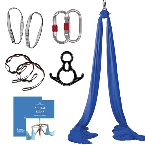 Aerial Silks Starter Kit, 9 Yards, Aerial Yoga Hammock, Hardware | Knitted fabric with pose guide, for aerial yoga, gymnastics, silk swing, stretching and home gym use, suitable for all levels - color: Navy
