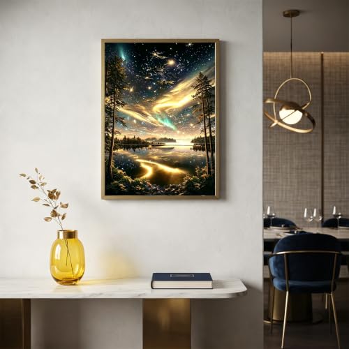 Starry Sky Diamond Art Kits For Adults Aurora Diamond Painting Wall Decor | 5D Starry Night Lake Diamond Gem Art Funny Gifts For Women Men Landscape Round Drill Diamond Painting Home Decor 12x16Inch - color: Starry Sky