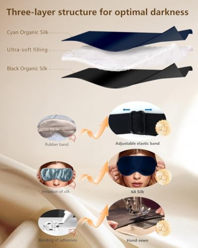 Silk Eye Mask for Sleeping - Soft Breathable Organic Natural Mulberry Silk Fabric Blackout Sleep Mask with Adjustable Straps No Pressure Eye Mask for Travel Essentials Gifts (Navy Blue) - color: Navy Blue