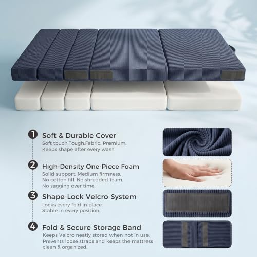 Tri-Fold Futon Mattress, Foldable Floor Mat (Navy Blue) - color: Navy Blue, size: Queen (80"L x 60"W x 3"Th)