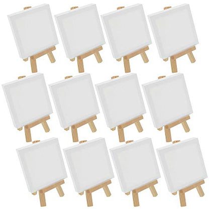 U.S. Art Supply 3" x 3" Stretched Canvas with 5" Mini Easel Kit (12 Pack) - Natural Wooden A-Frame Tabletop Display Stand, Mini Easel Stand - Small Easels for Display, Small Canvases, Crafts, Photos - size: 5" Easel & 3x3 Canvas - 12-pack