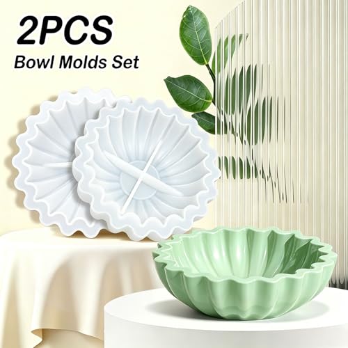 2PCS Flower Bowl Resin Silicone Molds Set, Fuehbur Epoxy Resin Moulds Tray with Wavy Edge Design for DIY Jewelry Holder, 5.24 x 5.24 x 1.64 inches, for Candle Handmade Decoration - 2 Pack