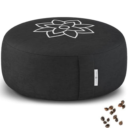 Mindful & Modern Large Meditation Cushion for Zafu Yoga - Meditation Pillow for Sitting on the Floor - Buckwheat Hull Filled Yoga Cushion with Removable, Washable 100% Cotton Cover and Carry Handle - color: Round - Black