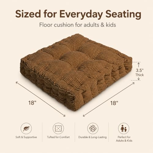 ChezMax Floor Pillow & Cushion, Large Meditation Chair Cushions, Thick Square Seat Pad, Soft Velvet Tufted Seating Pouf for Indoor/Outdoor Yoga Bench Rocking Chair Room Tatami Sofa, Brown 18" x 18" - color: Brown M