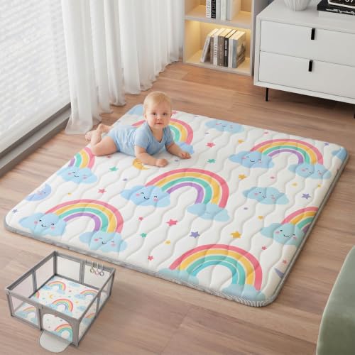 Baby Play Mat, 50x50 Thickened Playpen Mat, Waterproof & Non-Slip, Foldable Play Mat for Floor, Machine Washable Crawling Mats for Infants & Toddlers, Floor Activity and Playing & Learning, Rainbow - color: Rainbow, size: 50" x 50"