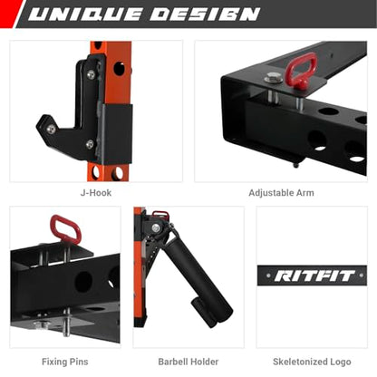 RitFit 2.36'' x 2.36'' Folding Squat Rack for Home Gym, Wall Mounted Squat Rack with Attachments - Space Saving Squat Power Rack - color: Orange, style: Folding Squat Rack with Safebar