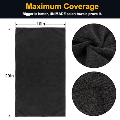 UNIMADE Salon Towels 24 Pack, Microfiber Barber Towels Bulk, (16x29 inches) Hair-Drying Cloth Super Soft Black Hand Cloth for Gym, Bath, Spa Use and Home Beauty Care(Not Bleach Proof) | (16x29 inches) Hair-Drying Cloth Super Soft Black Hand Cloth for Gym,