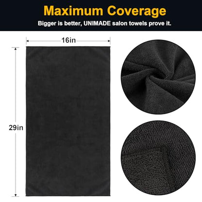 UNIMADE Salon Towels 2 Pack, Microfiber Hair-Drying Cloth Barber Towels | (16x29 inches) Super Soft Black Hand Cloth for Gym, Bath, Spa Use and Home Beauty Care(Not Bleach Proof) - color: Black, size: 2PK