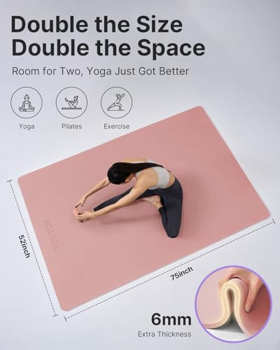 YOTTOY Large Yoga Mat (75 * 52 * 1/2inch),Extra Wide TPE Exercise Mat,Non-Slip Workout Mat for Pilates, Fitness, Barefoot, Home Gym Studio with Strap and Towel - color: Pink, size: 75*52*1/4inch