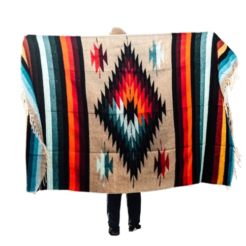 Open Road Goods Aztec Navajo Style Blanket, Throw, or Yoga Bolster - Handwoven Mexican Diamond Blanket (Multi Tan) - color: Multi Tan