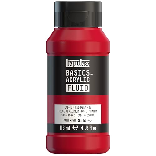 Liquitex BASICS Acrylic Fluid Paint, 4-oz Bottle, Cadmium Red Deep Hue | Super Versatile, Fine Art Pigments; Fluid Consistency, Vibrant satin colors, Permanent, Lightfast, Water-Resistant Finish - color: Cadmium Red Deep Hue, style: 118ml (4-oz)