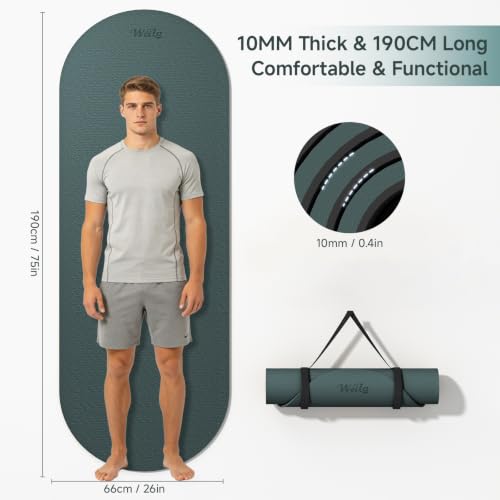 WeiLa Extra Thick Yoga Mat (10mm), Large TPE Workout Mat 74"x28" with Strap - color: Dark Green & Black