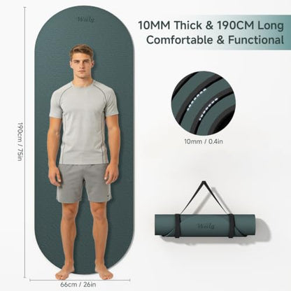 WeiLa Extra Thick Yoga Mat (10mm), Large TPE Workout Mat 74"x28" with Strap - color: Dark Green & Black