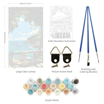 ARTGOTO Large Paint by Numbers for Adults Seaside Cafe View | 15.7x27.5inch/40x70cm Paint by Number Kit on Canvas, Tropical Ocean Balcony Acrylic Painting Set with Brushes, No Frame - color: PBN063