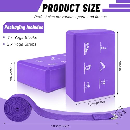 RETON 2 Pack Yoga Blocks and 2 Yoga Straps Set, Soft Non-Slip Yoga Block for Pilates, High Density EVA Foam Yoga Brick with Yoga Strap for General Fitness, Stretching, Improve Strength and Flexibility - color: Purple
