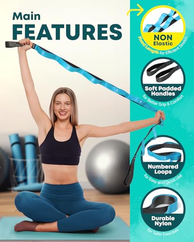 Stretching Strap with Loops, Non Elastic Stretch Band for Physical Therapy - color: blue