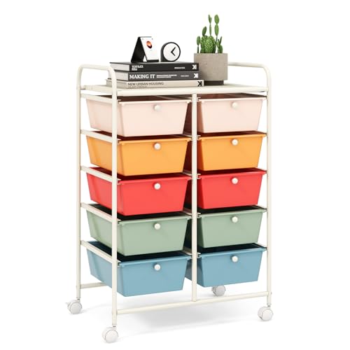 10 Drawer Rolling Cart, Storage Cart Organizer on Wheels, Drawer Cart with Metal Frame & Large Storage Capacity, Rolling Cart with Drawers for Living Room Classroom, Office - color: Macaron, size: 10 Drawer