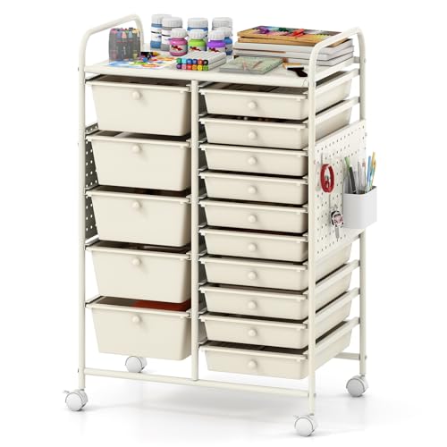 Giantex 15 Drawer Storage Cart, Rolling Craft Cart with Metal Tabletop & Pegboard, Mobile Utility Organizer Trolley with Locking Wheels, Home Office, Classroom, Teacher Supplies, Ivory - color: Ivory, size: 15 Drawer-25"x14.5"x34.5"