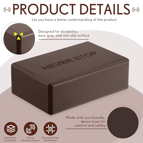 RoundFunny 4 Pack Yoga Blocks Non Slip Pilates Foam Brick - color: Brown