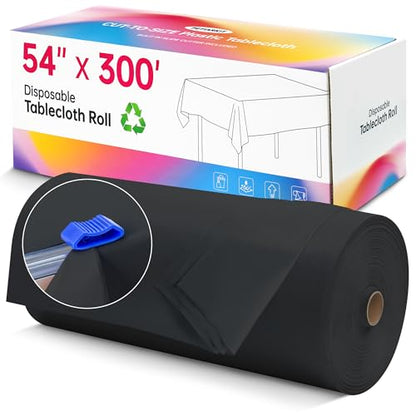 Disposable Table Cloth Plastic, 54In x 300Ft Black Plastic Tablecloth Roll | Black Tablecloth Roll PEVA, Waterproof Premium Table Cover Roll with Slide Cutter for Banquet, Party, Birthday, Festival - color: Black, size: 54" x 3600" (Rectangular)