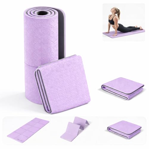 Foldable Travel Yoga Mat, 72"x32"x0.32" Extra Wide 8mm Thick Non-Slip Exercise Mat for Yoga, Pilates & Fitness-Purple