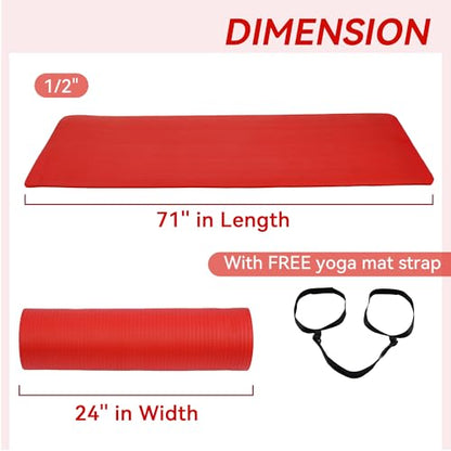 Fitvids Yoga Mat, 1/2-Inch Extra Thick High Density Exercise Mat, Anti-Tear Exercise Yoga Mat with Carrying Strap, Suitable for Various Yoga Exercises - color: Red
