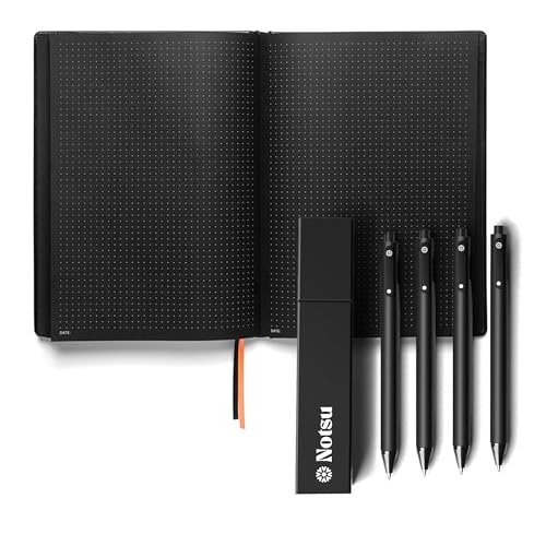 Notsu Black Paper Journal & White Gel Pen Bundle | B5 Dot Grid Notebook, Bullet Journal Set, Sketching & Art Supplies, 160 Premium Pages + 4 White Gel Pens for Dark Paper