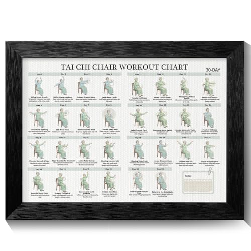 Framed 30 Day Tai Chi Chair Workout Chart Poster for Seniors, Tai Chi Chair Seated Exercises for Beginners Canvas Wall Art, Adult Home Fitness Guide Wall Decor for Gym 12x16in - color: Workouts, size: 16"L x 12"W, style: Framed