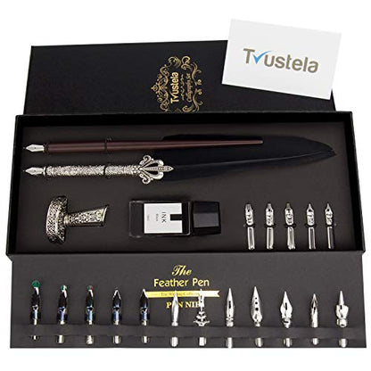 Calligraphy Set for Beginners, Wooden Dip Pen, Feather Quill, 19 Nibs, Ink Set, Gift Box