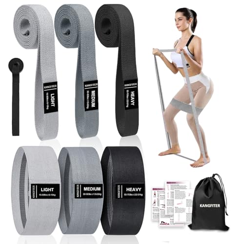 KANGFITER Long and Short 6 Fabric Resistance Bands Set with Door Anchor | Non-Slip Stretch Booty Bands for Working Out Women & Men, Loop Exercise Elastic Bands for Home Physical Therapy Yoga Pilates - color: Grey and Black 7 PCS