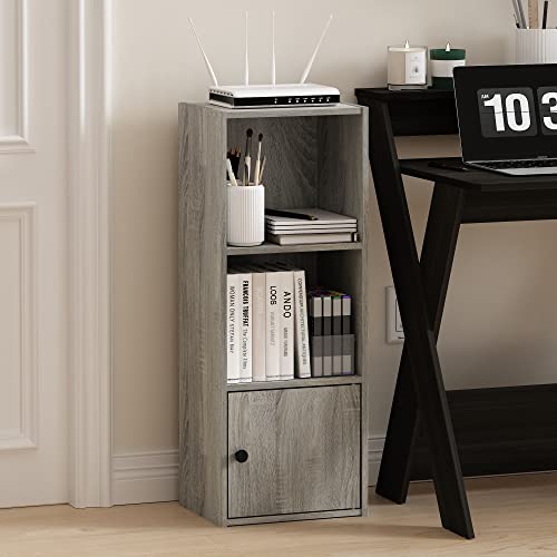 Furinno LUDER Book Shelf, 3-Tier Modern Bookshelf, Bookcase with 1 Door Storage Cabinet, 9.3 x 12 x 31.5, for Organization and Storage, for Living Room, Bedroom, Home Office, French Oak - color: French Oak, size: 3-Cube with Cabinet