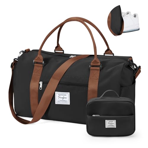 Gym Bag Womens with Shoes Compartment Travel Duffel Bag Black Brown - color: B8-Black&Brown+Toiletry Bag