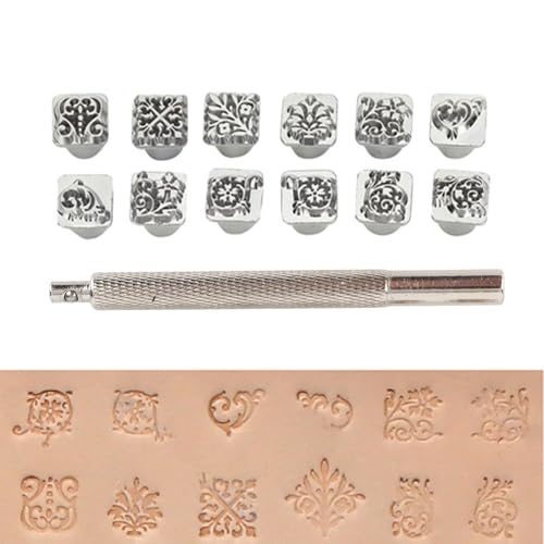 Leather Stamp Tool, 12Pcs Leather Stamping Punch Stamper DIY Leather Craft Making Tools Flower Design Embossing Pattern with Stamping Handle for Leathercrafting