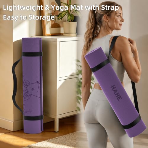 HAHE Extra Wide Yoga Mat, 75"x 32" POE Deer Print Exercise & Fitness Mat | 8mm Thick Large Yoga Mats for Men & Women, Pilates Mat for Home Workout, Non Slip Exercise Mats with Carry Strap - color: grape purple