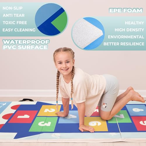 Kangaroo Hoppers Gymnastics Tumbling Mats Foldable Gym Tumble Mat for Kids - color: Blue-Hopscotch Design, size: 3×6FT×1''