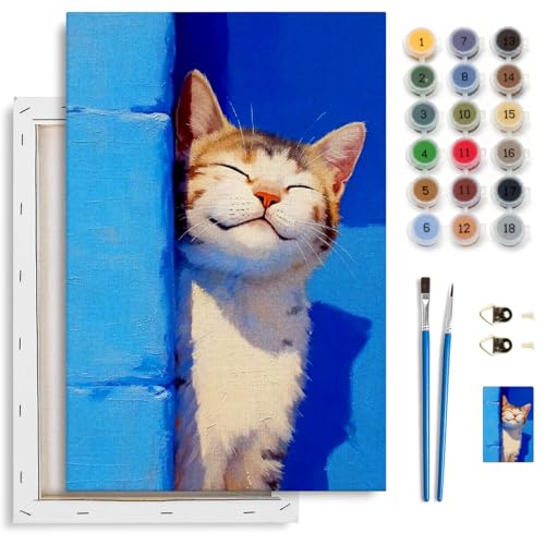 Spandrel Cute Cat Framed Paint by Numbers Kit for Adult, Kitten Adult Paint by Number Kits on Canvas, DIY Acrylic Oil Easy Animals Painting by Numbers for Home Wall Decor, 8x12in - color: Cat