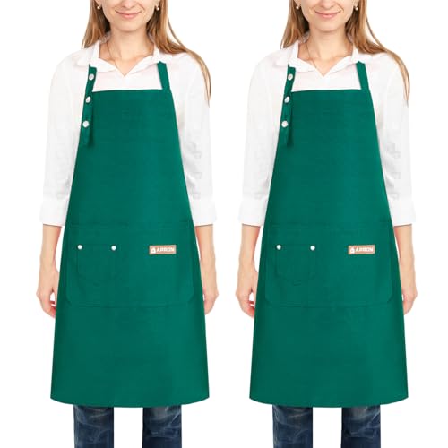 2 Pack Kitchen Cooking Aprons, Adjustable Bib Soft Chef Apron with 2 Pockets for Men Women - color: Green