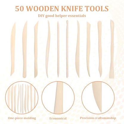 50PCS Wooden Clay Sculpting Tools, 6.2'' Smooth Double Ended Clay Modeling Tools, Polymer Clays Tool Sculpting, Wood Pottery Tool Kit for Ceramics Soap Playdough Carving Supplies