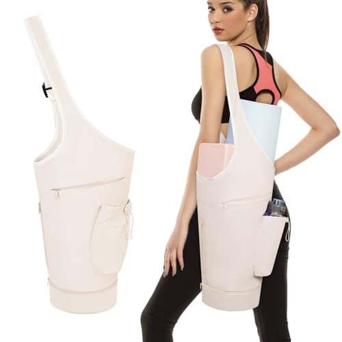 sportsnew Yoga Mat Bag, Large Opening Long Tote Yoga Mat Carrier Holder Bag with Waterproof Wet Pocket and Drawstring Water Bottle Pocket, Adjustable Shoulder Strap Storage Bag, patent pending - color: Beige