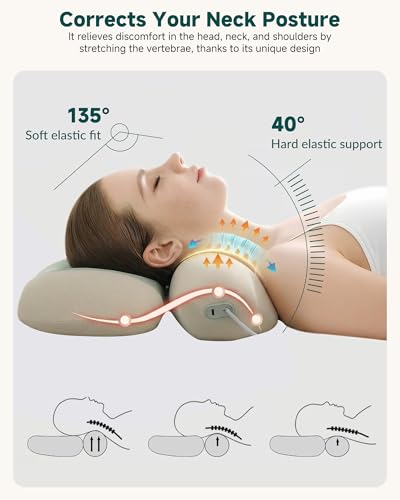 Snailax 2026 Cordless Neck Stretcher Pillow with Heat and Air Compression | 3 Air-Lift Modes, Manual Height Hold, 3 Heat Levels, Remote Control, 2000mAh Battery Ergonomic Cervical Support For Home - color: Beige Light Green
