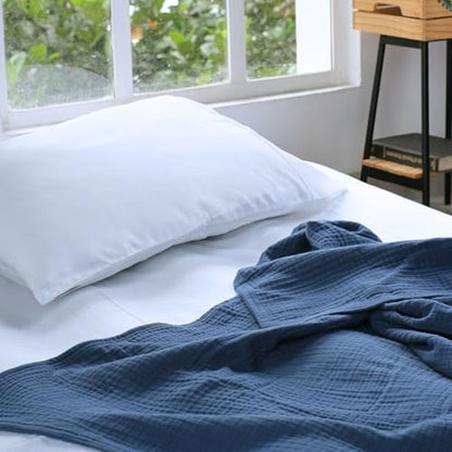 100% Cotton Gauze 50"X70" Large Throw 4 Layered Blanket- Navy Blue | Premium Muslin Blanket for Couch,Bed,Living,Summer Lightweight, All Seasons Blankets & Throws, Boho,Travel & Skin Friendly - color: Navy Blue, size: 50"X70" Large Throw