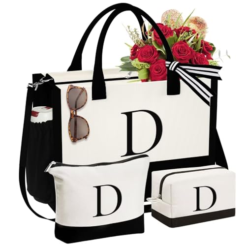 YOOLIFE Gifts for Women - Initial Canvas Tote Bag & Makeup Bag, Birthday Gifts for Women Mom Sister Friends - style: D