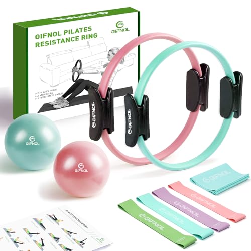 Pilates Ring and Ball Set with Resistance Bands - Pilates Equipment for Home Workout - 14'' & 12'' Pilates Rings, 2 Pilates Balls, 5 Resistance Bands for Toning Arms, Thighs/Legs & Core - color: Pink & Cyan
