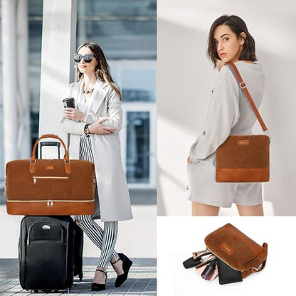 ITIEZY Weekender Bag for Women 21.5" Travel Duffel Large Carry On Bag 3PCS | Nylon Duffel Bag with Waterproof Shoe Compartment, Crossbody Bag and Toiletry Bag, Travel Weekend Hospital Overnight Gym Bag - color: 8a-Brown
