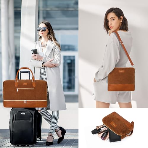 ITIEZY Weekender Bag for Women 21.5" Travel Duffel Large Carry On Bag 3PCS | Nylon Duffel Bag with Waterproof Shoe Compartment, Crossbody Bag and Toiletry Bag, Travel Weekend Hospital Overnight Gym Bag - color: 8a-Brown